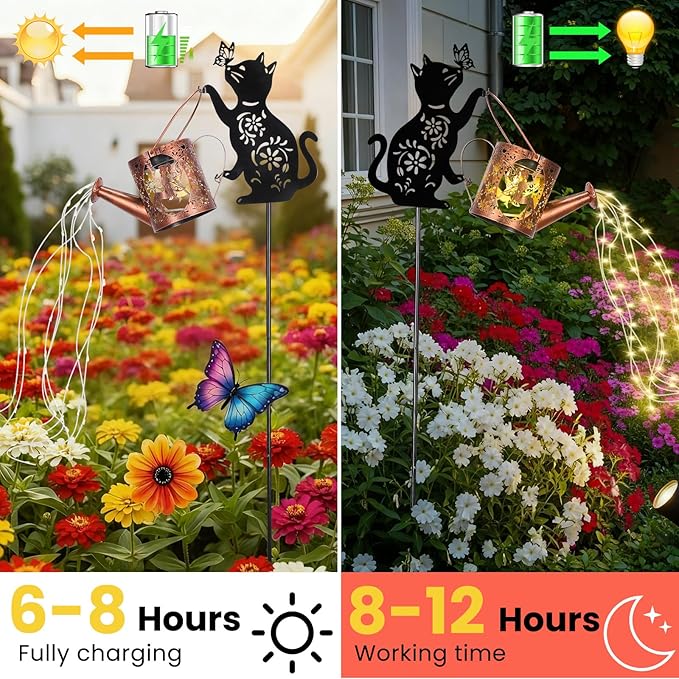 Solar Cat Watering Can Lights,Outdoor Cat Hanging Solar Lights Lantern,Lovely Gifts for Christmas Mother's Day Women Birthday,Garden Waterproof Garden Decor Outside Patio Yard Pathway Backyard