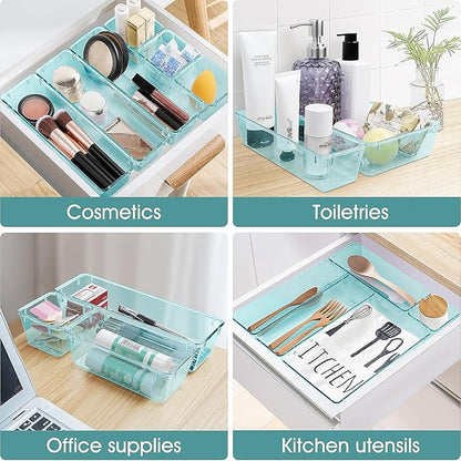WOWBOX 25 PCS Plastic Drawer Organizer Set, 4 Sizes Desk Drawer Divider Organizers and Storage Bins for Makeup, Jewelry, Gadgets for Kitchen, Bedroom, Bathroom, Office, Sea Blue