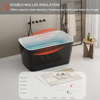 Abruzzo 49" Small Freestanding Bathtub - Square Acrylic Soaking Tub for Small Spaces, Japanese Style Deep Soak with Chrome Overflow & Quick Drain, Gloss Black cUPC Certified Compact Bathtub