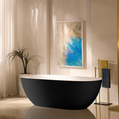 WOODBRIDGE 69" L x 32" W Luxury Contemporary Solid Surface Stone Resin Freestanding Bathtub in Matte Black with 2-Drain Covers