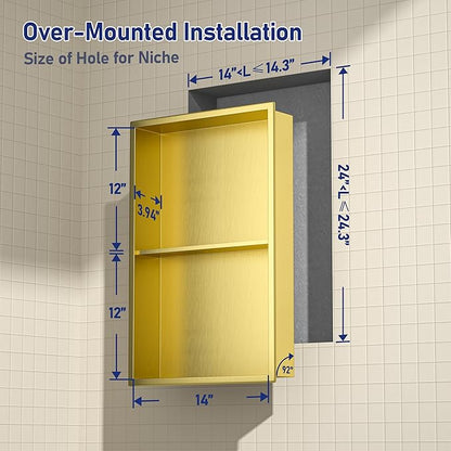 Stainless Steel Shower Niche 14"×24" Gold with 2-Tiers Shelf No Tiled Needed Niche Shower for Wall Recessed Shower Box for Bathroom Shower Storage