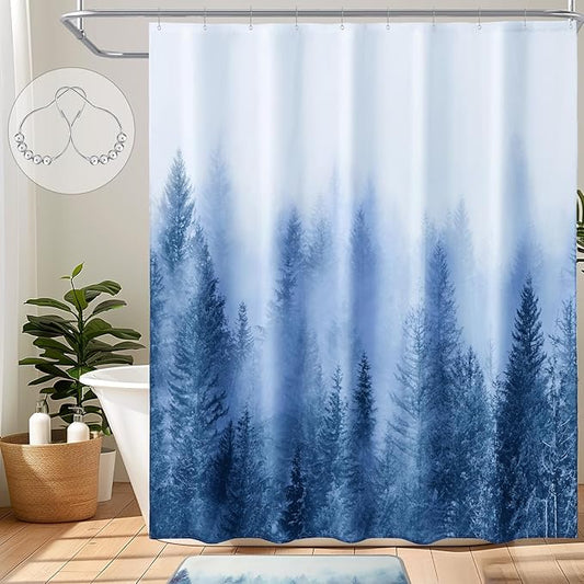 ORTIGIA Blue Shower Curtain for Bathroom, Misty Forest Nature Woodland Shower Curtain Set with Metal Hooks, Decorative Pine Tree Fog Magic Bath Curtain for Home, Waterproof Fabric, Weighted, 72x72