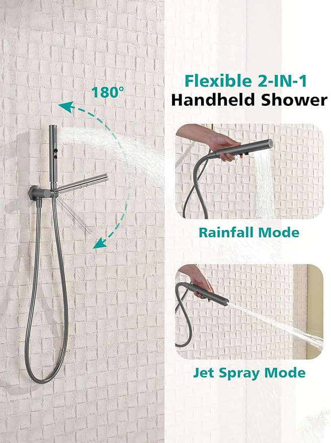 Lefton Shower System in Fahrenheit Display (Battery-free), 13” Overhead Round Rainfall Shower Head with All-in-one Handheld Spray Showerhead, 4-in-1 Control System, SSWM2501 (Grey)