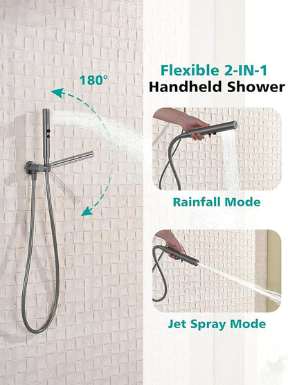 Lefton Shower System in Fahrenheit Display (Battery-free), 13” Overhead Round Rainfall Shower Head with All-in-one Handheld Spray Showerhead, 4-in-1 Control System, SSWM2501 (Grey)