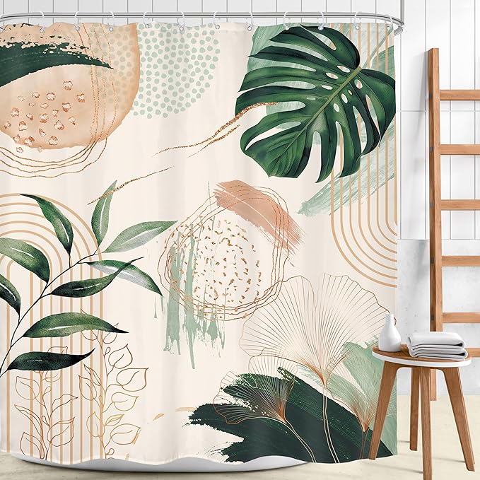 Boho Shower Curtain 72Wx84H Extra Long Bohemian Modern Mid Century Abstract Sage Green Tropical Palm Leaves Plant Bathroom Decor Minimalist Geometric Bath Curtain Fabric Polyester 12 Pack Hooks