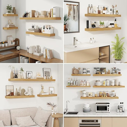 fuqing Floating Shelves for Wall, Wall Mounted Wood Floating Shelf with Invisible Brackets for Living Room, Bathroom, Bedroom, Kitchen Storage and Decor, 16 Inch Set of 2, Oak