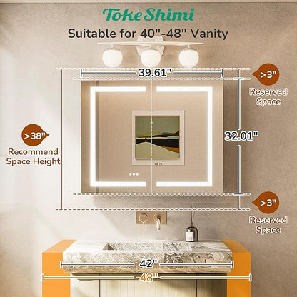 TokeShimi 40x32 Led Medicine Cabinet Mirror for Bathroom with Outlet, Medicine Cabinet with Lights 3 Colors Dimmable and Defogger, Surface or Recessed Mount Mirror with Storage Modern Bathroom