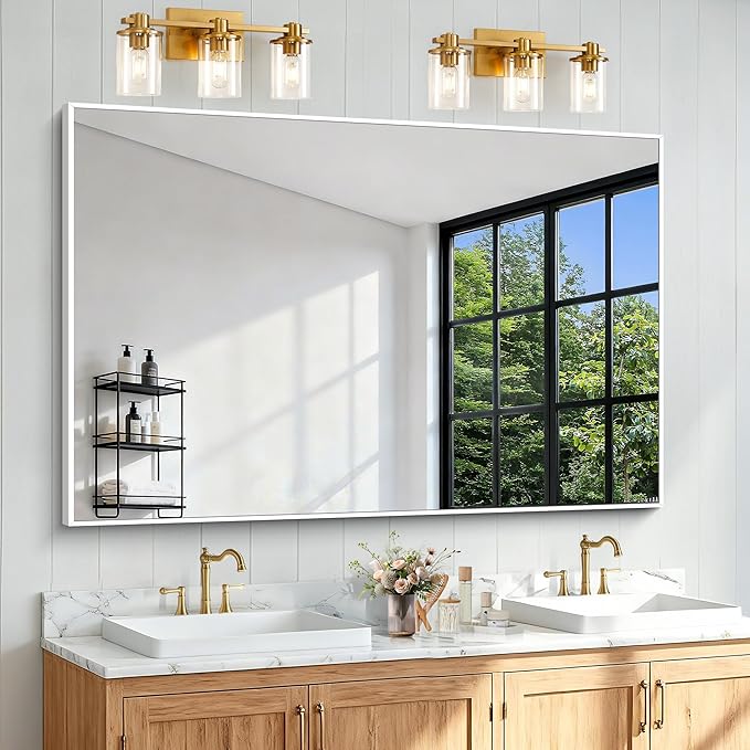 BONEWEI White Bathroom Mirror,55x36 inch Wall Mirror for Bathroom Wall Mounted,Large Rectangle Mirror for Bathroom Over Sink,Modern Metal Frame for Living Room,Bedroom Entryway,Horizontal/Vertical