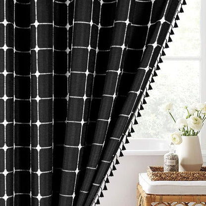 MitoVilla Boho Farmhouse Shower Curtain Set 72 x 78, Black 78 inch Long Polyester Linen Tassel Fabric Shower Curtain Set for Chic Cottagecore French Rustic Bathroom Decor