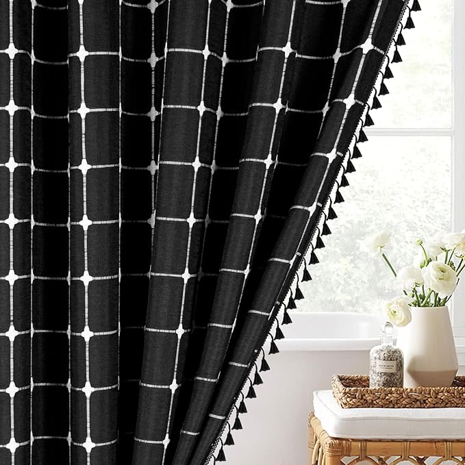 MitoVilla Boho Small Stall Shower Curtain 36 x 72, Narrow Polyester Linen Fabric Shower Curtains for Farmhouse Bathroom Decor, Half Size Cloth Shower Curtain Set with Hooks, Black