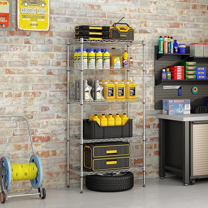 5 Tier Storage Racks Shelving, Heavy Steel Pantry Shelves, Adjustable Wire Shelving Rack, Suitable for Garage, Kitchen, Bathroom, Office, 24" W x 14" D x 59" H, Chrome