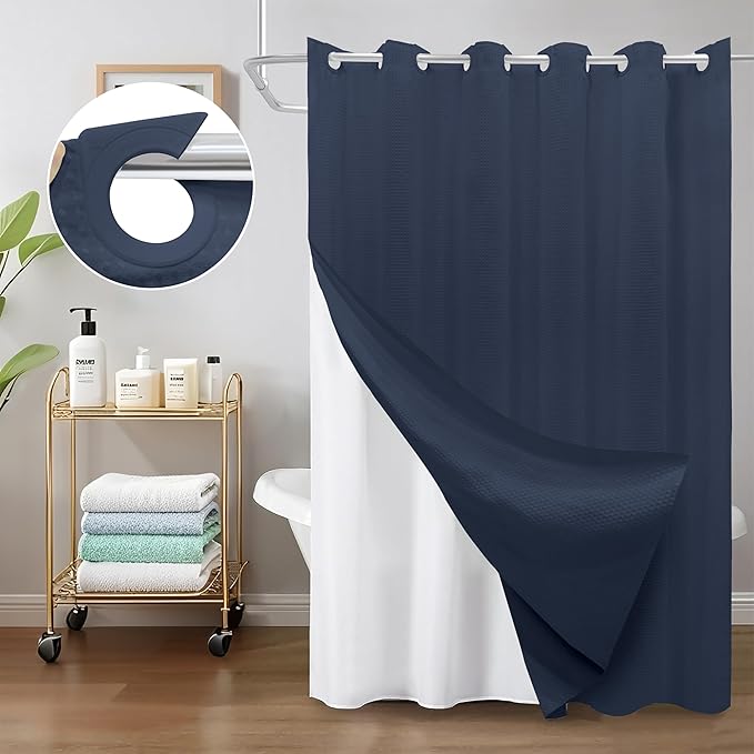 Inhousolu No Hook Waffle Weave Shower Curtain with Removable Snap in Fabric Liner Set for Bathroom, 230 GSM Heavy Duty Weighted Hem, Water Repellent Washable Bath Curtains, 72 x 72 Inch, Navy Blue