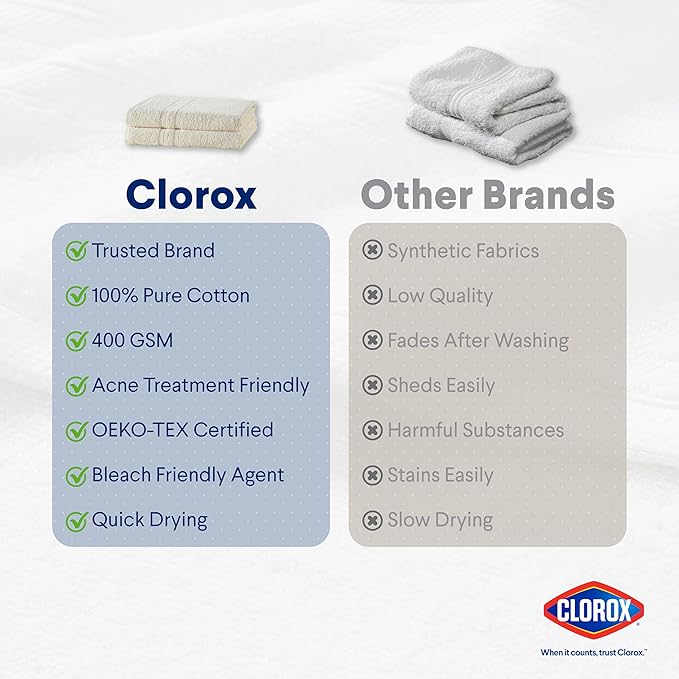 Clorox Bleach Friendly Towels, Quick Dry, 100% Cotton Bath Towels (30" x 52"), Highly Absorbent Soft Lightweight, Ideal for Everyday Use, Easy to Wash (2 Pack, Ivory)