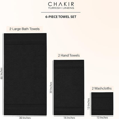 Chakir Turkish Linens 100% Cotton Premium Turkish Towels for Bathroom, 2 Large Bath Towels, 2 Hand Towels, 2 Washcloths (6-Piece Towel Set, Black)