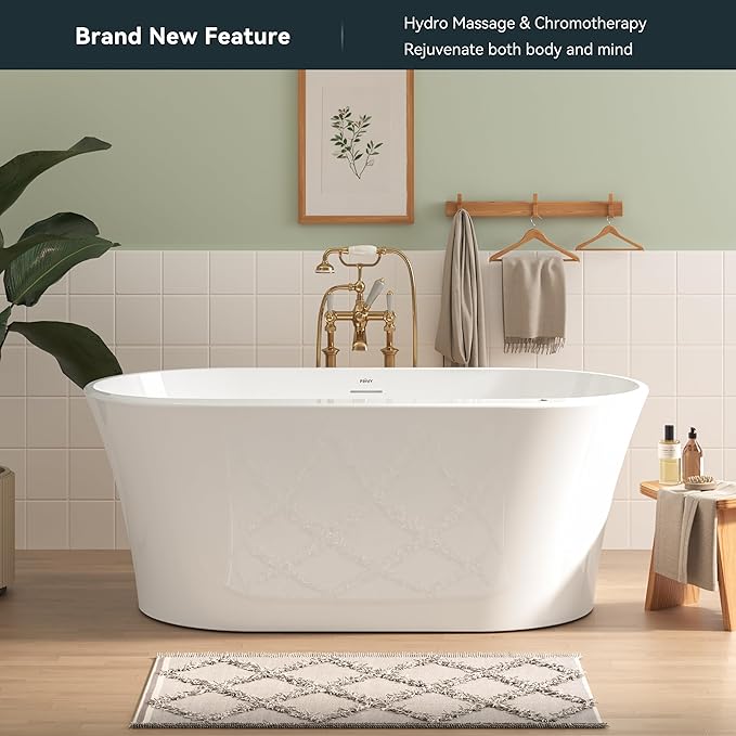 FerdY Mauritius 59 Inch Acrylic Freestanding Whirlpool Bathtub, Oval with 8 Water SPA Jets Morden White Stand Alone Jetted Tub, Luxury Acrylic Free Stand Deep Soaking Bath Tub