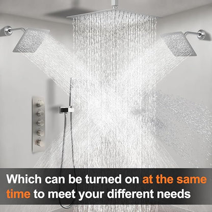 Thermostatic Shower System Three Shower Heads with 16" Ceiling Mounted Rain Shower Head & 2 x 6" Wall Mounted Head 4 Function Shower System Can All Run Together, Brushed Nickel