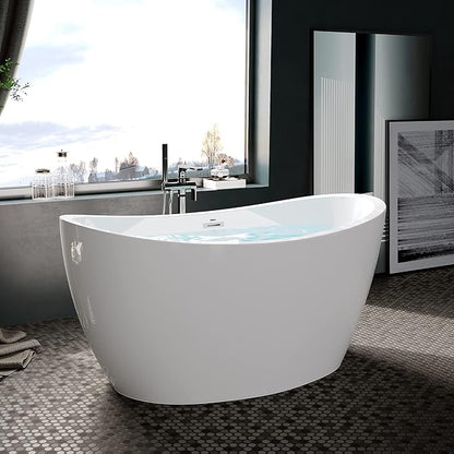 FerdY Naha 59" Acrylic Freestanding Bathtub, Curve Edge Freestanding Soaking Bathtub, Glossy White, cUPC Certified, Toe-Tap Chrome Drain & Overflow Assembly Included, 02588