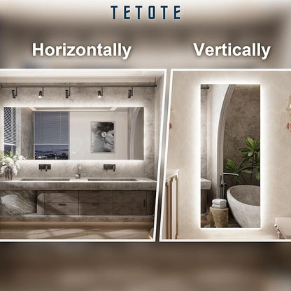 TETOTE 55 x 30 Inch LED Mirror Backlit Bathroom,Anti-Fog Mirror with Light,Dimmable,CRI90+,IP54 Water Proof,Wall Mounted Vanity Lighted,Horizontal/Vertical
