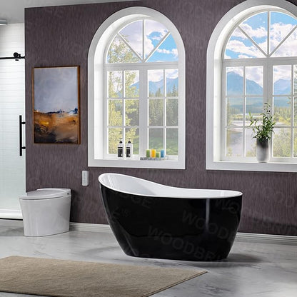 WOODBRIDGE 54" Freestanding White Acylic Soaking Bathtub with Matte Black Drain and Overflow,Black,B1807-MB