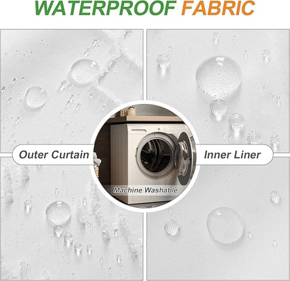 No Hooks Shower Curtain with Snap-in Liner, White Boho Fabric Tufted Chevron Striped Textured Shower Curtains for Bathroom, Water Repellent Hotel Quality Luxury Shower Curtain, 72Wx74H
