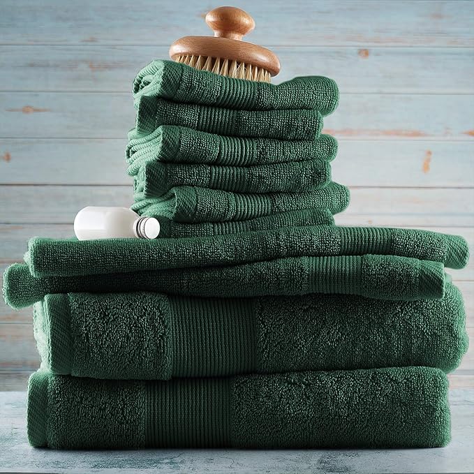 Hearth & Harbor Bath Towels for Bathroom - 100% Ring Spun Cotton Luxury Bathroom Towels - Ultra Soft & Highly Absorbent, Bath Towels Set of 10 - Hunter Green