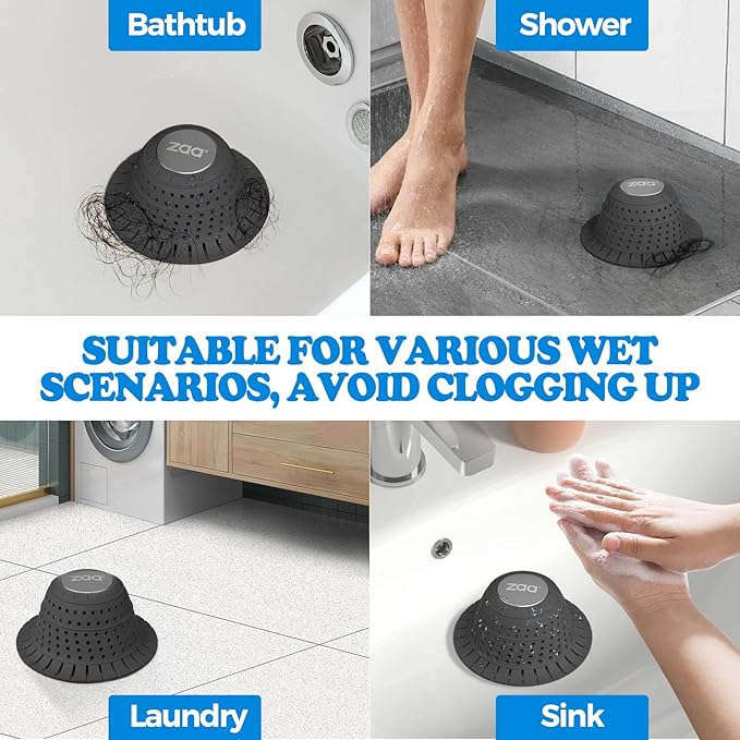 zaa Bathtub Drain Hair Catcher, Premium Silicone Collapsible 2 Pack Drain Protector for Pop-Up & Regular Drains of Shower, Bathtub, Tub, Bathroom, Sink, Black Black