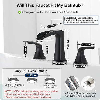 Roman Waterfall Bathtub Faucets, Brass High Flow Bathtub Faucet 3 Hole 6-16 Inch Widespread Black Tub Faucet Set 2 Handle, Deck Mount Filler Bath Faucet for Tub with Supply Water Hose for Modern