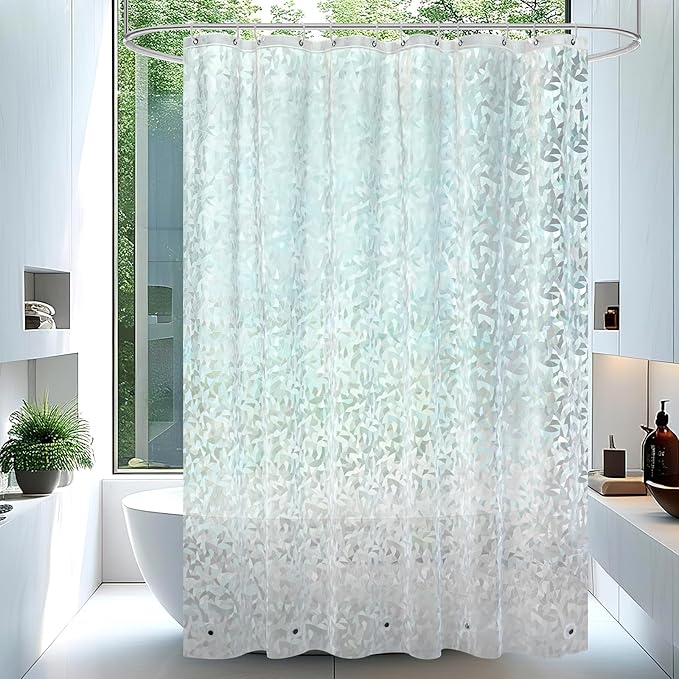 AooHome Long Shower Curtain Liner - EVA 3D Decals Stained Glass Pattern Design Bathroom Shower Curtain with Hooks, 5 Bottom Magnets, Heavy Duty, Water Repellent, Semi Transparent, 72x78 Inch