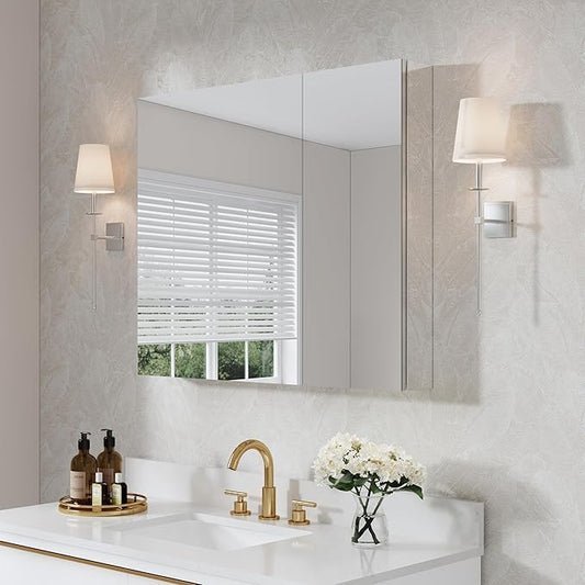 WELLFOR 36" x 30" Rectangle Medicine Cabinet Mirror, Surface Mount or Recessed Medicine Cabinet with Tempered Mirror, Anodized Chrome Aluminum Frame, Bathroom Mirror with Storage