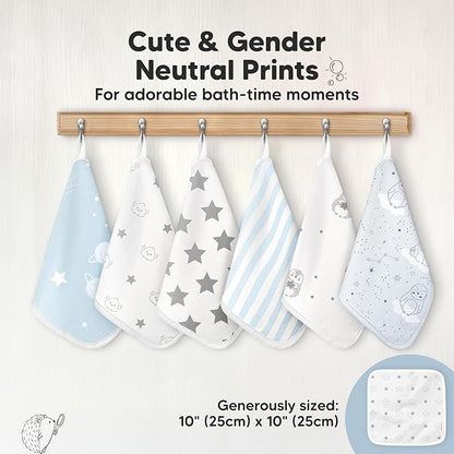 6-Pack Cotton Baby Washcloths for Newborn - Organic Cotton Muslin Soft Wash Cloths for Babies,Infant,Kids,Toddler Towels for Boy,Girl,Super Absorbent Face Cloths,Scratch-free Baby Rags (Constellation)