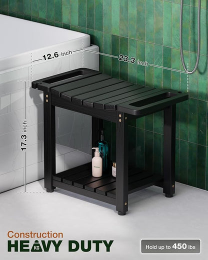 BLUEWEST Shower Bench Seat with Storage Shelf, Natural Wood Shower Benches for Inside Shower to Sit on, Waterproof Bathroom Spa Bench Stool for Legs Shaving with Built-in Handle & Shower Head Holder