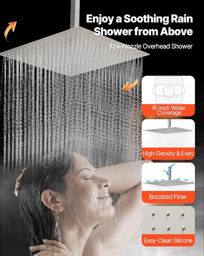 VEVOR Shower Faucet Set, 16 Inch Thermostatic Ceiling Mount Rainfall Shower System with 6 Inch Wall Mount Head, 6 Body Jets and Handheld Spray, Dual Rain Head Brass Valve and Trim Kit, Brushed Nickel