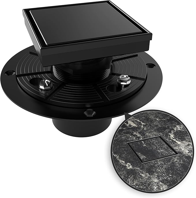 WEBANG 4 Inch Square Shower Drain Black Floor Drain with Flange Reversible 2-in-1 Cover Tile Insert Grate Removable SUS304 Stainless Steel CUPC Certified Matte Black