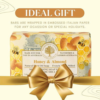 Wavertree & London Honey Almond Scented Natural Soap (2 Bars), 7oz Moisturizing French Triple Milled Soap Bars enriched with shea butter - Pure Plant Based Bath & Body Bars for All Skin Types