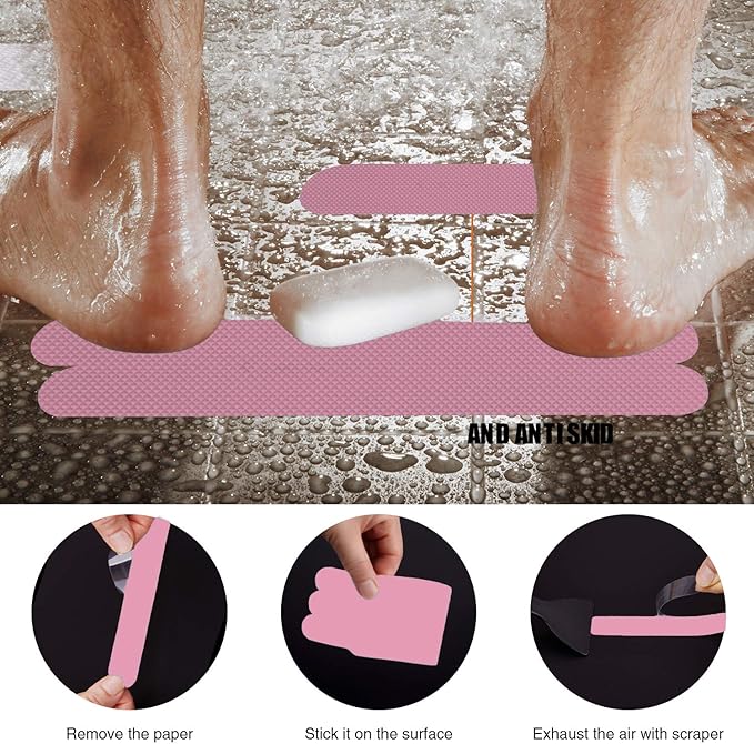 Non-Slip Bathtub Stickers Safety Bathroom Tubs Showers Treads Adhesive Decals Scraper (Pink)