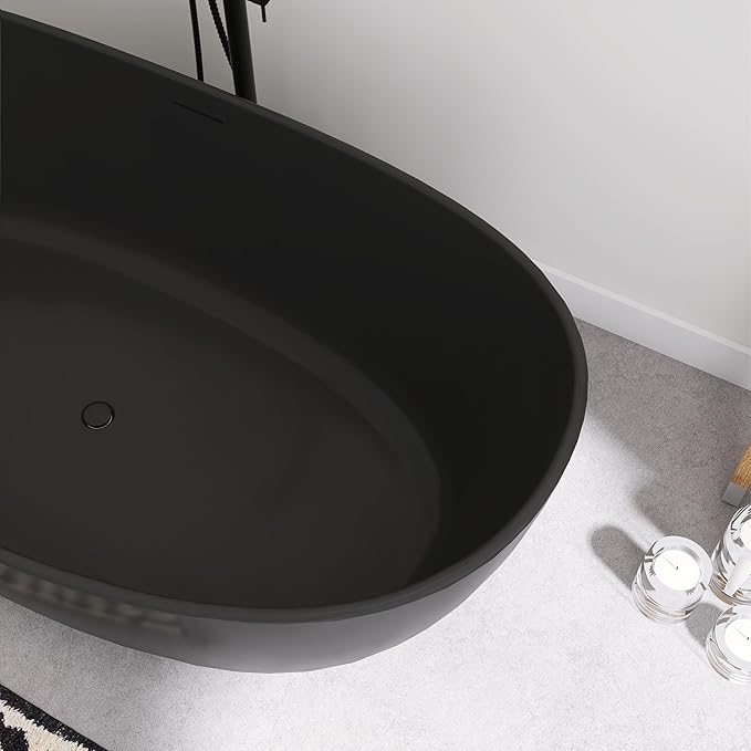 SJ STAR&JANE 65" Solid Surface Freestanding Bathtub Stone Resin Soaking Tub Matte Black Double Slippers Stand Alone Oval Tub with Pop-up Drain and Overflow for Bathroom