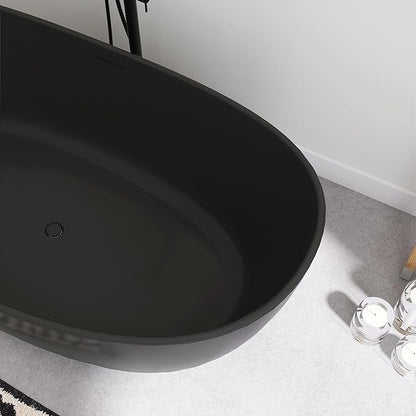 SJ STAR&JANE 65" Solid Surface Freestanding Bathtub Stone Resin Soaking Tub Matte Black Double Slippers Stand Alone Oval Tub with Pop-up Drain and Overflow for Bathroom