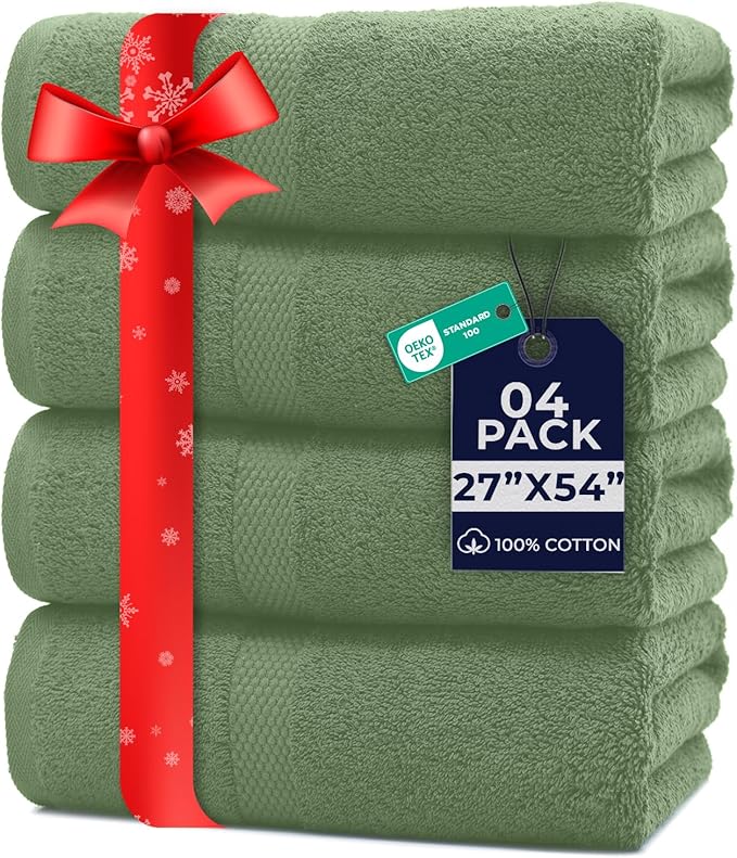 DAN RIVER Bath Towels Set of 4, 27 x 54 Inches, 100% Cotton, Larger & Lighter Weight, Quicker to Dry, Super Soft and Absorbent, Ideal Large Bath Towel for Daily Use, Sage Green