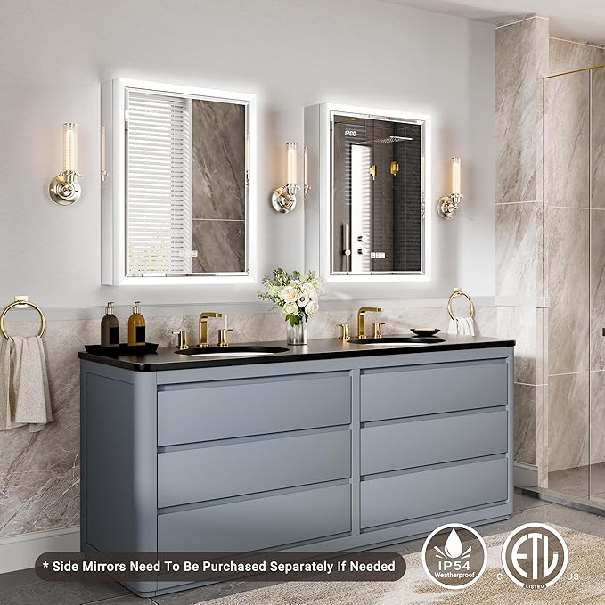 Beveled Lighted Medicine Cabinet with Mirror & Lights -20x26 Surface or Recessed Mirrored Medicine Cabinet with Outlet & Clock, Anti-Fog Dimmable LED Storage Cabinet, Built-in Sensor Light