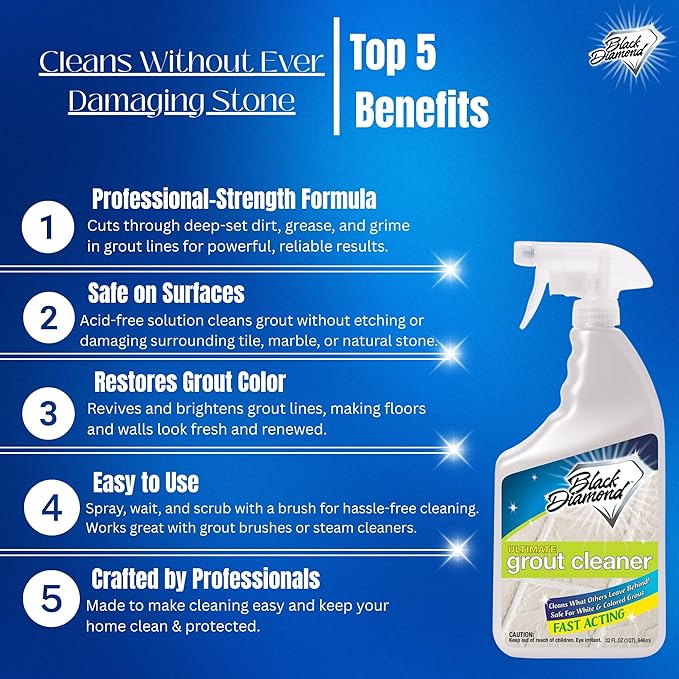 Black Diamond Ultimate Grout Cleaner: Best Cleaner for Tile, Ceramic, Porcelain, Marble Acid-Free Safe Deep Cleaner & Stain Remover for Even The Dirtiest Grout. (1-Quart/1-Gallon/sm brush)