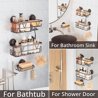 KEGII Suction Cup Shower Caddy – 3 Pack Suction Cup Shelf with Soap Holder & Hooks, Rustproof Stainless Steel Shower Organizer, Removable No Drilling Bathroom Storage Rack, Bronze