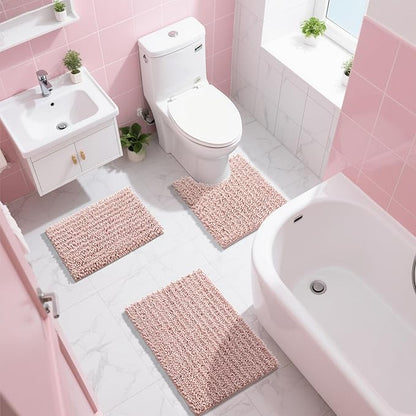 Yimobra Bathroom Rugs Non Slip Washable - Ultra Soft Absorbent Chenille Bath Mat, Quick Dry Shaggy Floor Carpet for Tub Shower, Light Pink Home Decor Accessories, 24x17 Inch