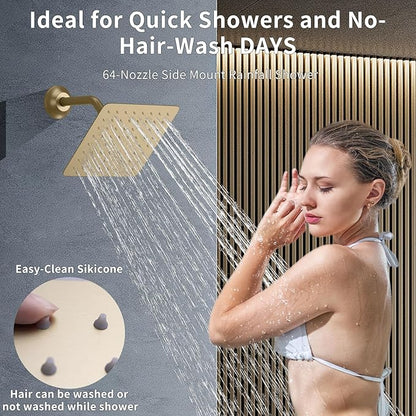 Bathroom Rainfall Shower System Wall Mount 8 Inch Shower Head With Handled Spray 6 Pcs jets Temperature Display Shower Faucet Set (Brushed Gold)