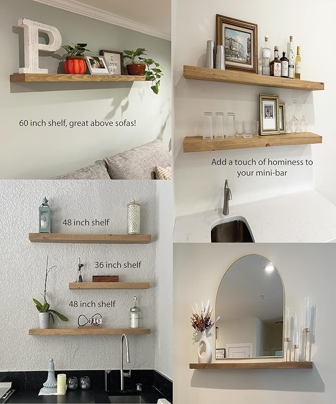 joelsantiques 42 Inch Wooden Floating Shelves for Wall - 42x10x2 in - Made of Natural Wood - Long Heavy Duty Rustic Wall Shelves for Bedroom - Perfect for Living Room, Kitchen - Beige