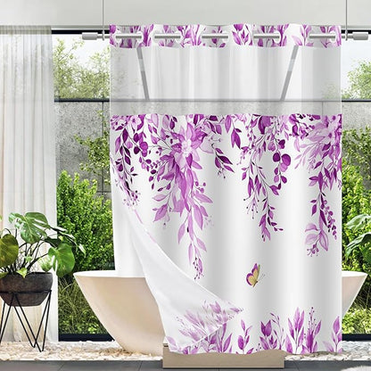 No Hook Shower Curtain and Liner Set, Purple Eucalyptus Floral Shower Curtains for Bathroom, Bath Curtain Sets with Snap in Liner, Waterproof with See Through Top Window, 71x77 Inches