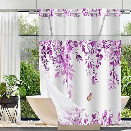 No Hook Shower Curtain and Liner Set, Purple Eucalyptus Floral Shower Curtains for Bathroom, Bath Curtain Sets with Snap in Liner, Waterproof with See Through Top Window, 71x77 Inches