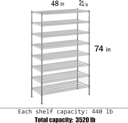21" Deep x 48" Wide x 74" Height Wire Shelving Kit | 8-Tier | NSF Commercial Storage Rack Unit