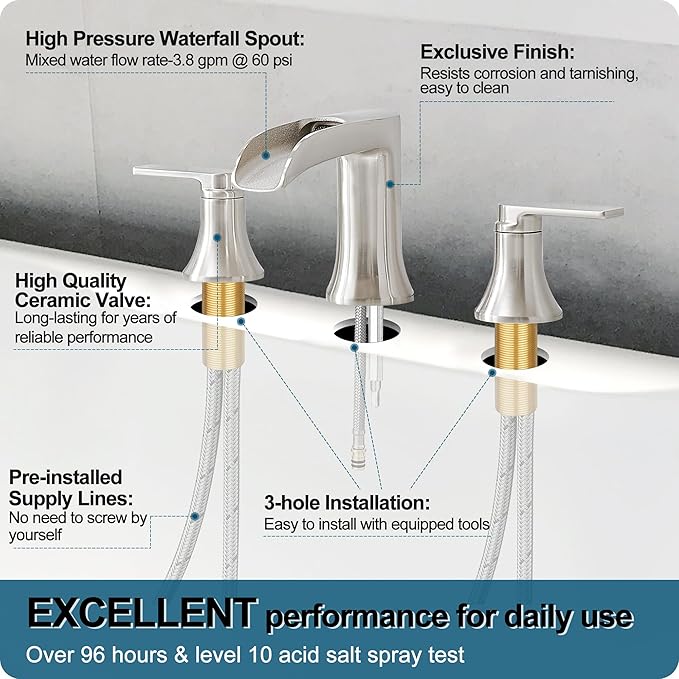 Brushed Nickel Tub Faucet Set 3 Hole, Brass Deck Mount Waterfall Bathtub Faucet Set, High Flow Widespread 6-16 Inch Roman Tub Faucets 2 Handle