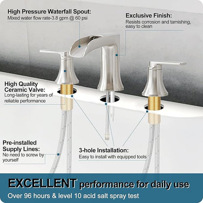 Brushed Nickel Tub Faucet Set 3 Hole, Brass Deck Mount Waterfall Bathtub Faucet Set, High Flow Widespread 6-16 Inch Roman Tub Faucets 2 Handle