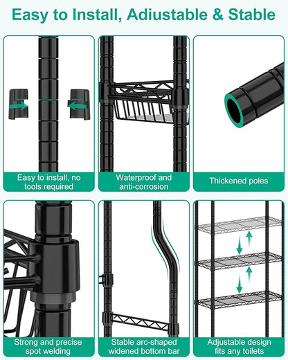 Bathroom Organizer Over The Toilet Storage, 4-Tier Metal Bathroom Over Toilet Storage Shelf Rack Freestanding Space Saver with Adjustable Shelves and Baskets, Black